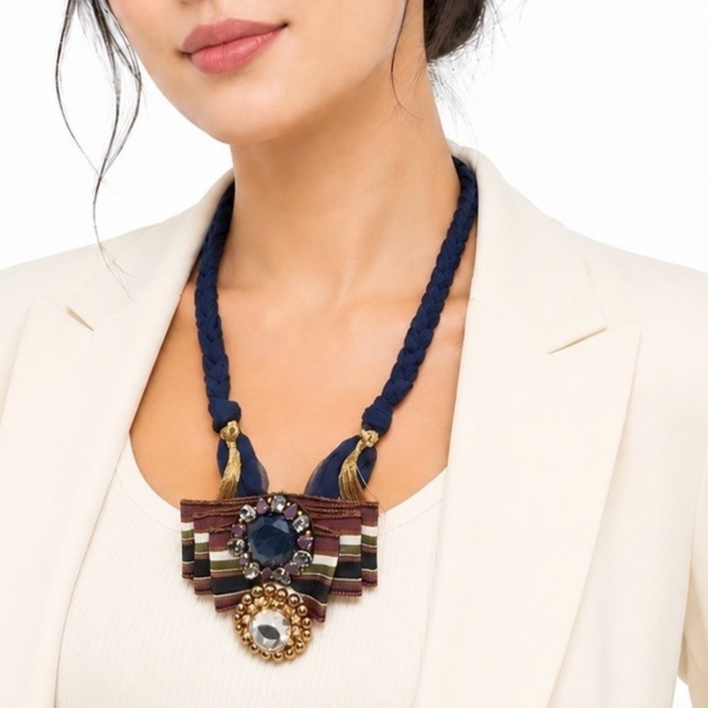 LOFT Boho Necklace Navy Braided Cord Ribbon Bow Crystal Gem‎ Tassel Retro J-01
